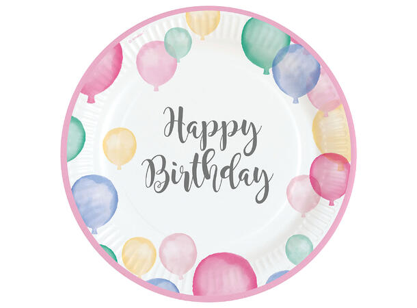 Tallerkener - "Happy Birthday" - Pastell 23cm - 8pk