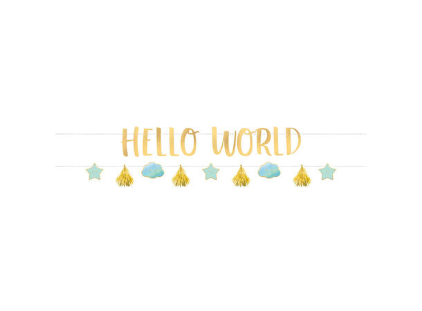 Bokstavbanner Babyshower - "Hello World" Gull & Blå - 177cm