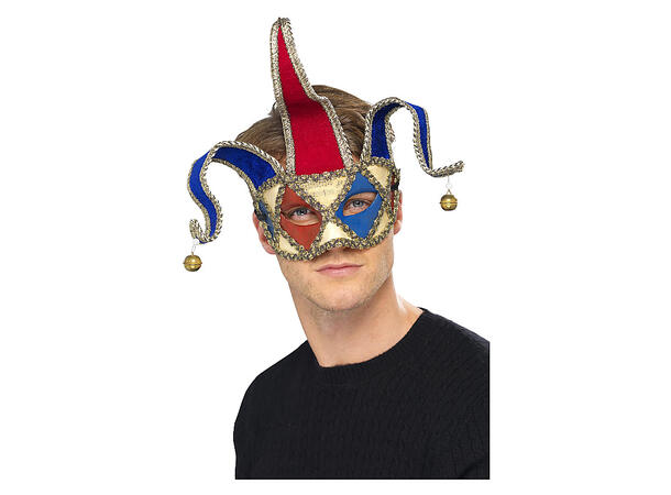 Venetiansk klovnemaske - Rød/blå 1 Maske til herre med bjeller