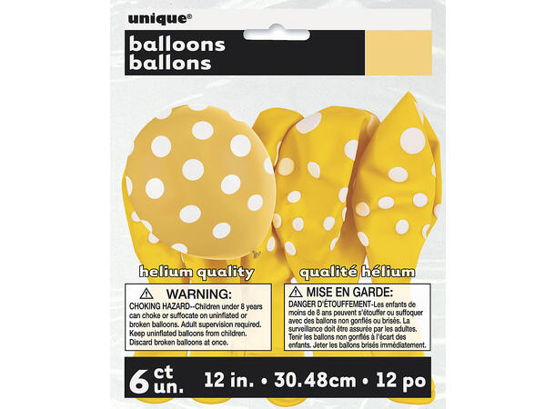Ballonger med Prikker - Gul 30cm - 6pk