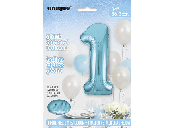 Folieballong Tall - Baby Blå - Nummer 1 86cm