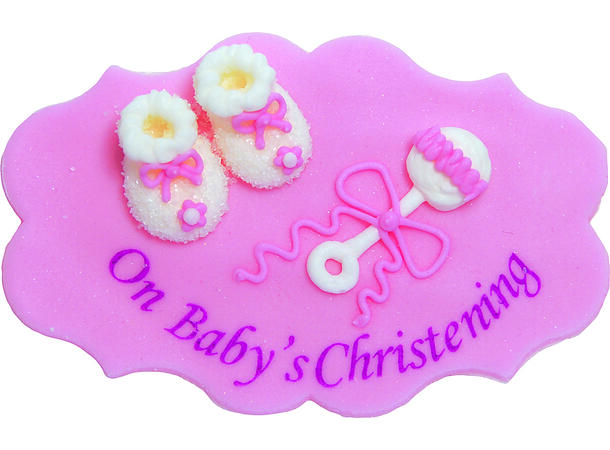 1 On Baby's Christening - rosa kakeskilt Håndlaget spiselig kakepynt