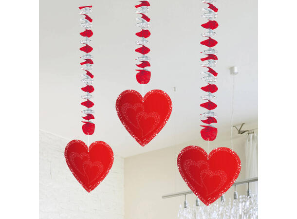 Hengedekorasjon - Røde hjerter 3 Hengedrorasjoner i papir - 75cm
