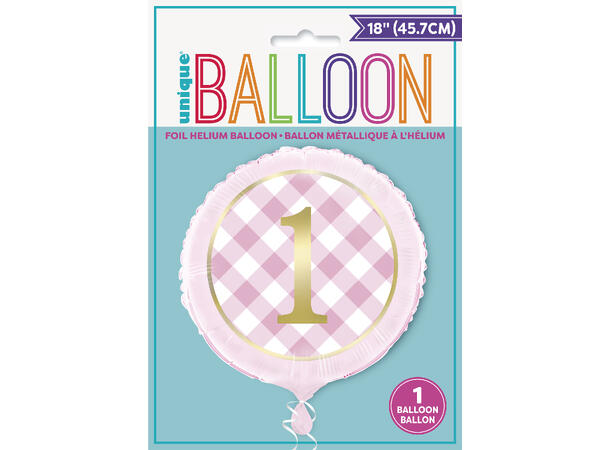 Folieballong - Første Bursdag Rosa Ruter - 46cm