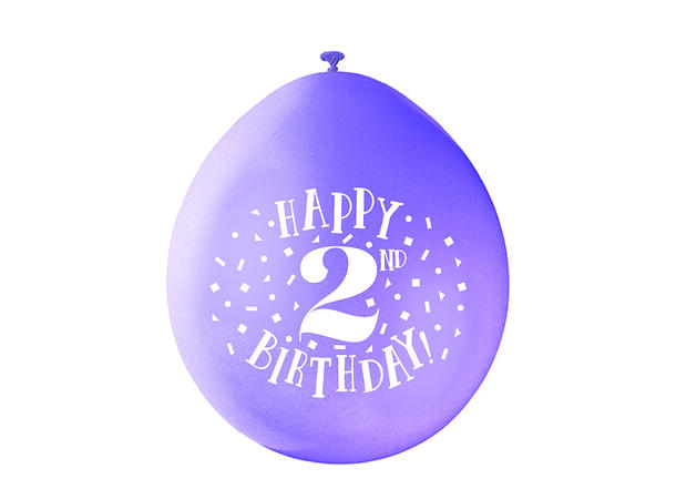 Ballonger - 2 År "Happy 2nd Birthday" Assortert - 25cm - 10pk