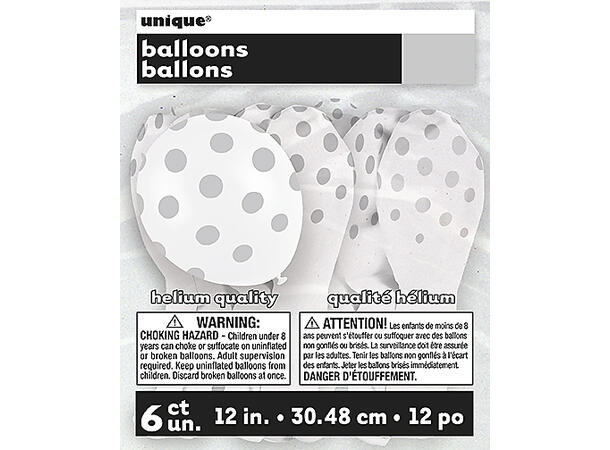 Ballonger med Prikker - Hvit og Sølv 30cm - 6pk