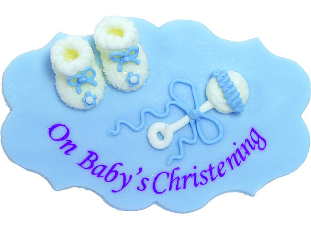 1 On Baby's Christening -blått kakeskilt Håndlaget spiselig kakepynt