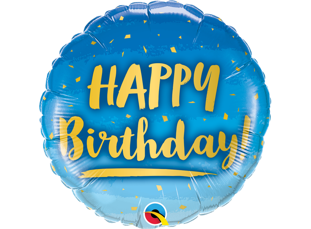 Premium Folieballong - "Happy Birthday" Gull & Blå - 46cm