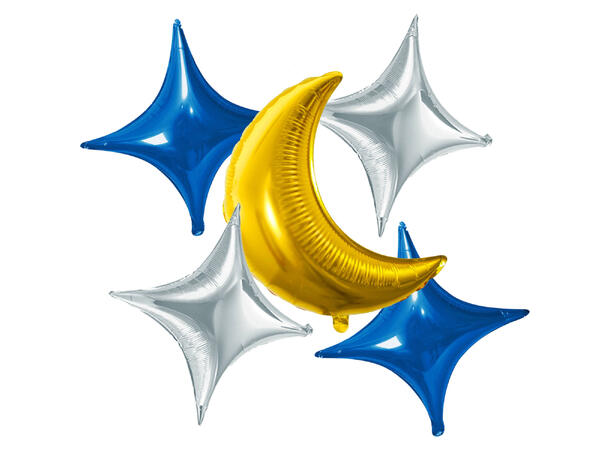 Eid Mubarak - måne og stjerner 5 folieballonger - 4x72 og 1x89 cm
