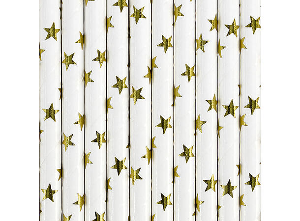 Sugerør -  Hvit med gull stjerner 10 Papirsugerør - 19.5 cm