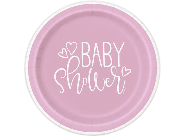 Pink Hearts Baby Shower 8 Runde tallerkener i papp - 18cm