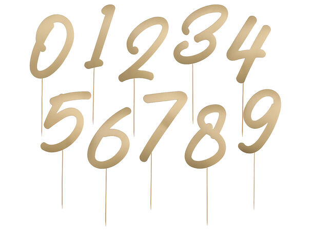 Nummer på pinne 0-9 - Gull 10 Kakedekorasjoner på pinne - 15cm