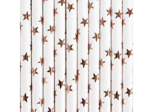 Sugerør - Hvit med rosegull stjerner 10 Papirsugerør - 19,5cm