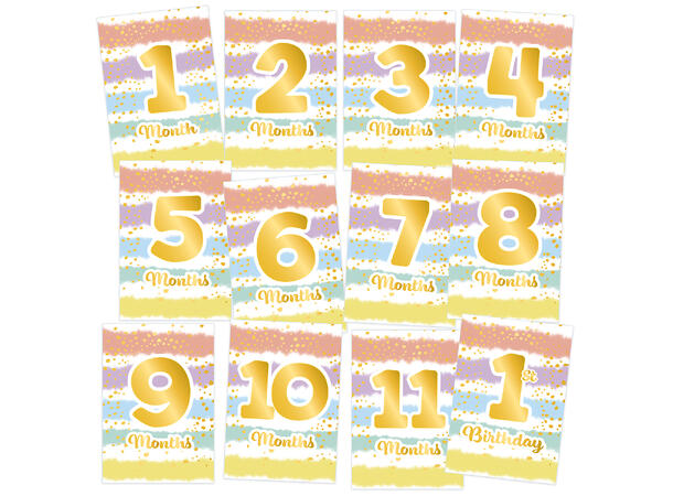1st Birthday Rainbow 12 kort i papir - Baby milepæler