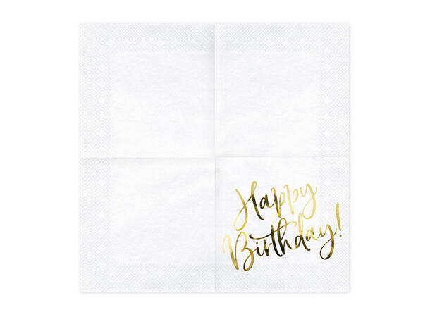 Hvite servietter - Happy Birthday i gull 20 Lunsjservietter - 33x33cm